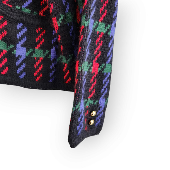Vintage Worthington Black Red Green Houndstooth Plaid Button Down Cardigan M - Picture 2 of 8